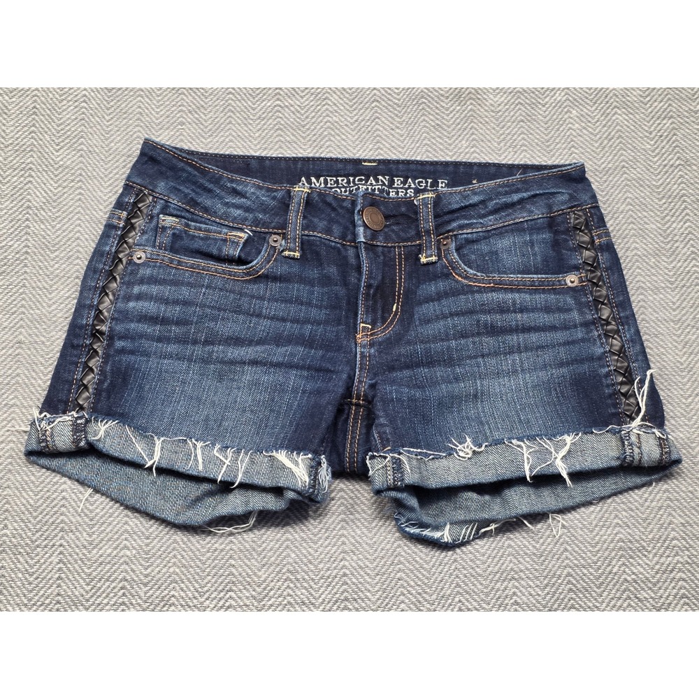 American Eagle Outfitters Stretch Dark Wash Braided Side Denim Shorts Size 0